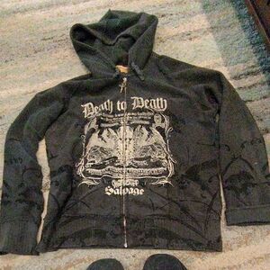Salvage Black Hooded Zip-Up Sweatshirt with Metal Charm